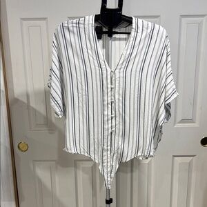 Striped V-Neck Button Down Blouse in White with Blue Stripes